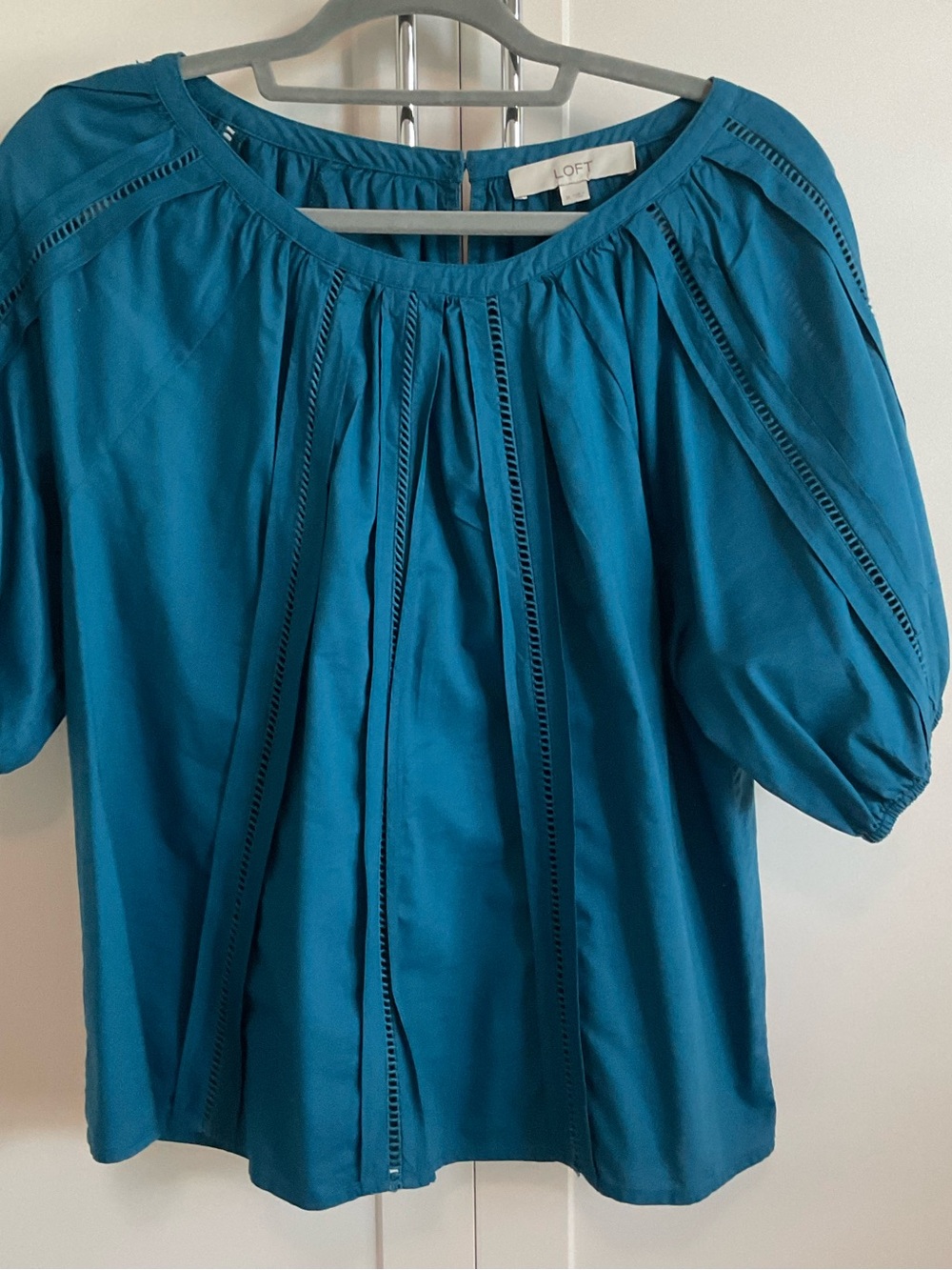 LOFT Teal Blue Peasant Blouse with Ladder Trim